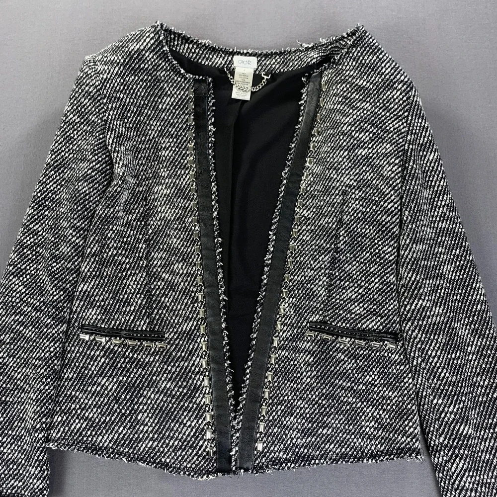 Cache Jacket Womens 8 Black White Tweed Open Front Chain Trim Blazer Career